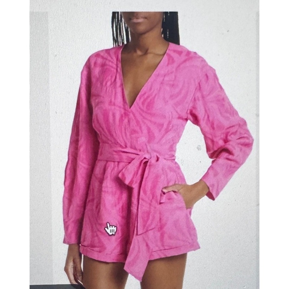 Alexis Fabia Pink Jacquard‎ Wrap Romper Long Sleeve V-Neck Tie Waist XS NEW